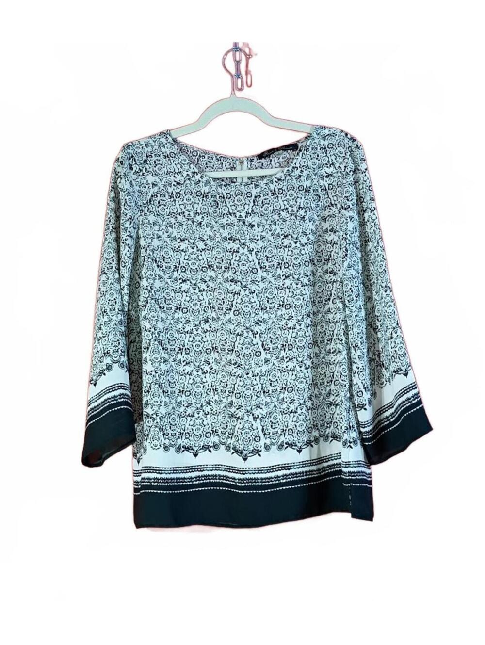 Rose & Olive Black and White Patterned Long Sleeve Blouse Size L